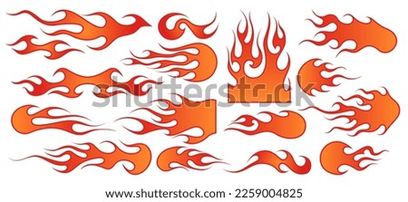 Flame decal. Tribal fire vinyl stickers for sport car or motorbike, hot tattoo vector illustration set. Flammable energy objects for car or motorcycle. Burning element with curves for vehicle