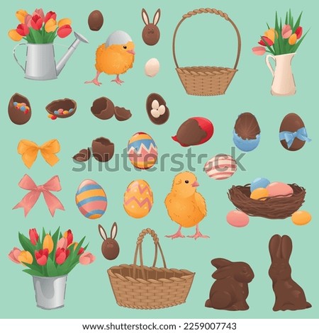 Set of chocolate Easter eggs, bunnies, flowers and chickens on t