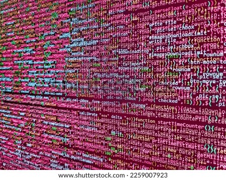 Notebook closeup photo. Application web source code on monitor. Software engineer at work. Programing workflow abstract algorithm concept. Abstract realistic fabric background texture. Script pr