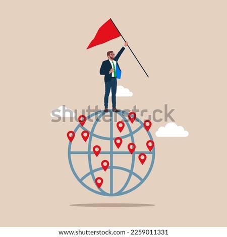 Success businessman holding flag standing on On the top win. Flat vector illustration