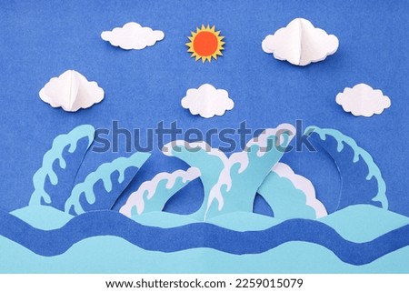 Sea with sky and cloud made of paper cut. paper art background.