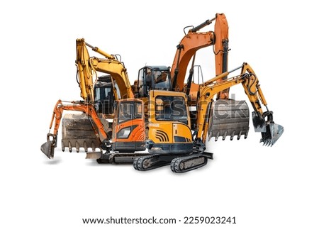 Group of different excavators isolated on white background. Mini excavators. Ground excavators. Rental of construction equipment. Modern building equipment for earthworks. element for design Royalty-Free Stock Photo #2259023241