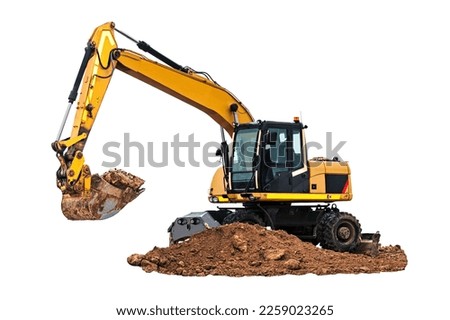 Wheeled excavator isolated on white background. Quarry excavator digs the ground close-up. Modern building equipment for earthworks. element for design Royalty-Free Stock Photo #2259023265