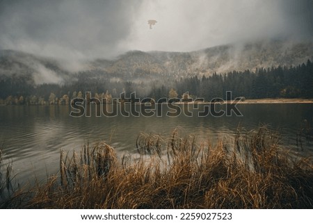 Lake Saint Anna in Romania, with beautiful misty weather and amazing autumn colours in the trees that surround the water. 