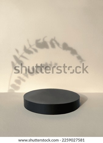 Beige scene for product presentation, black podium with copy space.Natural pedestal with a cottonweed shadow. Front view, studio photography.Trendy sunlight.