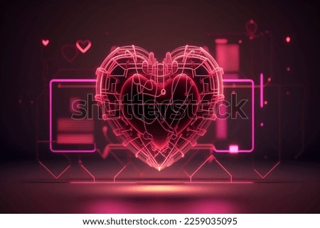 Geometry wireframe shapes and grids in neon red color. 3D heart.