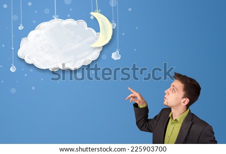 Businessman looking at cartoon night clouds with moon hanging down