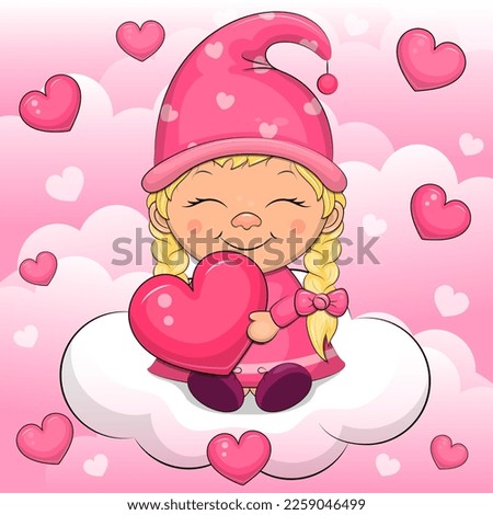 Cute cartoon gnome girl holding a heart and sitting on a cloud. Vector illustration on a pink background with clouds and hearts.