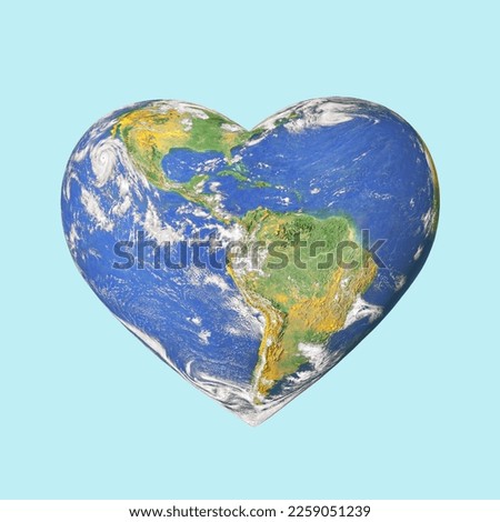 Heart shaped planet Earth on isolated pastel blue background. Minimal creative concept of travel agency or Earth Day greetings card. The world provided by NASA. Environmental idea. Royalty-Free Stock Photo #2259051239