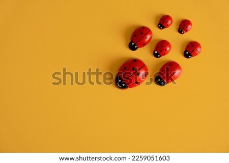 Wooden minimalist ladybugs on a yellow background. Top view of cute colorful toy wooden ladybirds with copy space, isolated Royalty-Free Stock Photo #2259051603