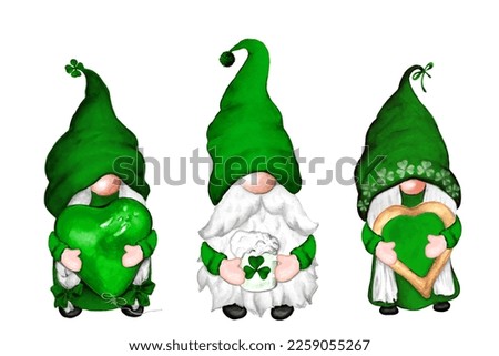 Watercolor set of gnomes with a mug of beer for St. Patrick's Day, isolated on white