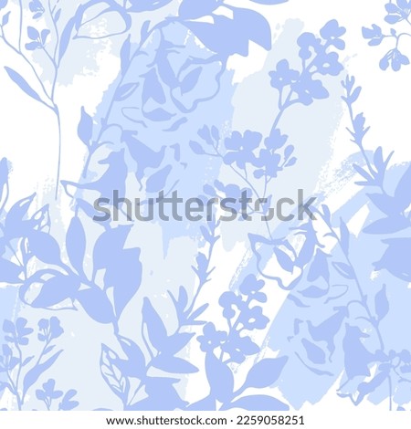 Flowers silhouettes and rough grunge shapes seamless pattern. Blue pastel colored floral background. Hand drawn botanical illustration for wallpaper, textile, fabric, spring design