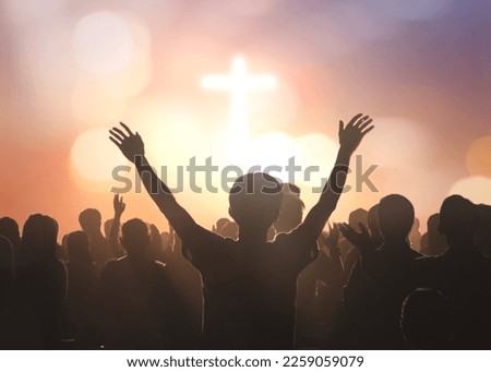 Christian worship God together in Church hall in front of music stage Royalty-Free Stock Photo #2259059079
