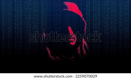 Hooded man with his face in shadows on dark background with binary code. Cyber criminal, concept of hacking and security breach. System hacked screen for computers or mobile devices. Copy space.