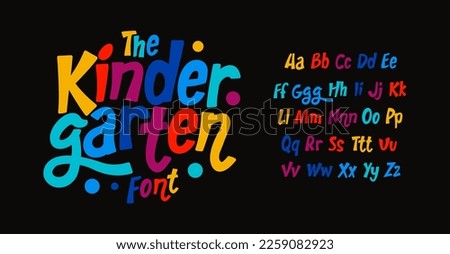 Kindergarten colorful alphabet, kid colored sans serif letters, joyful festival font for bright fiesta logo, mexican headline, birthday and greeting card childhood lettering.Vector typographic design. Royalty-Free Stock Photo #2259082923