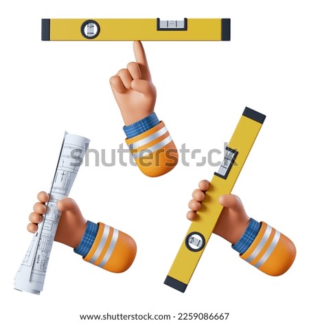 3d render, cartoon human arm holds level tool and blueprint scroll. Professional builder or architect. Construction icons collection. Renovation service clip art set isolated on white background