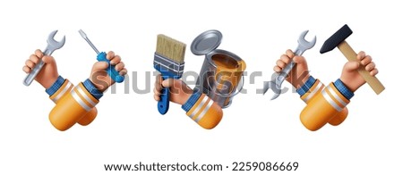 3d rendering, set of cartoon human master hands holding painting and building tools. Construction and renovation service clip art isolated on white background
