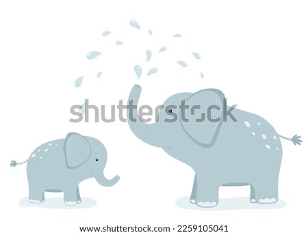 Mother elephant splashes water on her child and herself. Cute cartoon flat vector illustration.