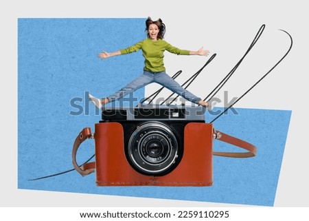 Photo cartoon comics sketch collage picture of happy smiling mini lady jumping tacking photo vintage camera isolated drawing background
