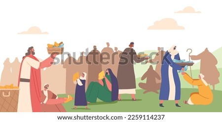 Jesus Christ Apostles Characters Feeding Hungry Crowd with Five Loaves and Two Fish. Giving Food to Believers and Followers. Biblical Story about God Miracle. Cartoon People Vector Illustration Royalty-Free Stock Photo #2259114237