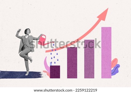 Collage photo picture poster artwork of happy woman working improving business affair deal isolated on painted background