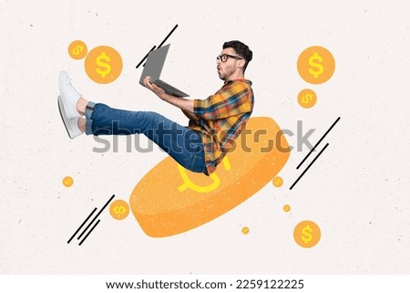 Photo collage poster picture banner of astonished man browsing netbook bitcoin growth isolated on painted background