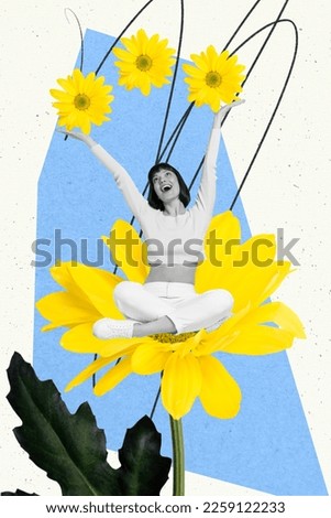Creative collage photo poster picture of happy joyful beautiful woman sitting big flower rejoice good mood isolated on painted background