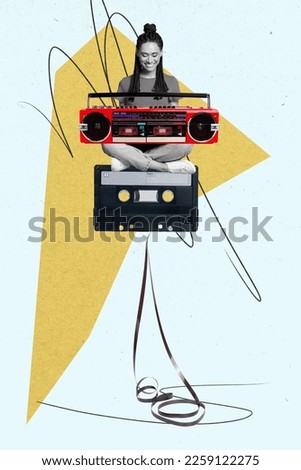 Collage photo picture image of positive happy girl play music playlist melody song sound isolated on painted background