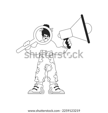 Skilled HR specialist woman holding a megaphone and a magnifying glass in her hands. HR topic. Linear black and white style.