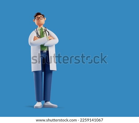 3d render, full height cartoon character, smart proud confident doctor wears glasses, isolated on blue background. Professional caucasian male specialist.