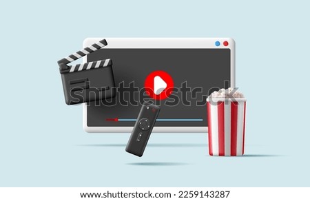 3D modern objects for watching video content, movies. Browser, play, remote control, popcorn, clapper cinema. Home rest. For use in advertising concept. V Royalty-Free Stock Photo #2259143287