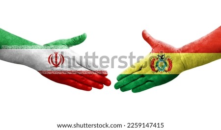 Handshake between Bolivia and Iran flags painted on hands, isolated transparent image.