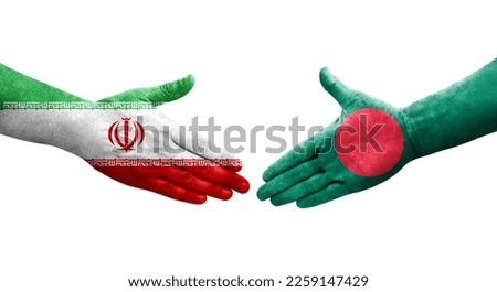 Handshake between Bangladesh and Iran flags painted on hands, isolated transparent image.