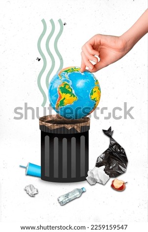 Vertical creative photo 3d collage illustration of big hand hold planet globe throw in trash can isolated on white color background