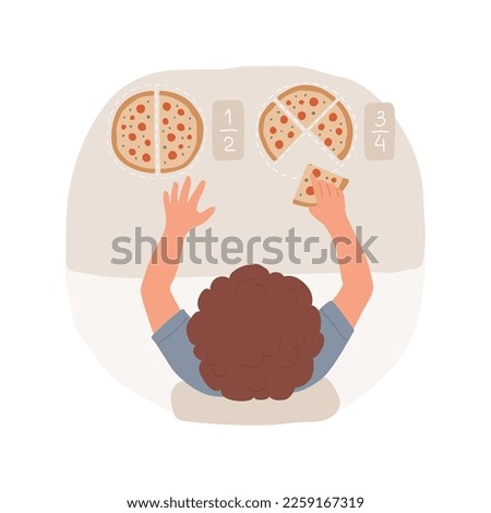 Equivalent fractions isolated cartoon vector illustration. Introduction to division, elementary school, child folding paper, pizza slices exercise, identify equivalent fractions vector cartoon.