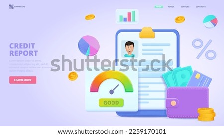 Credit report, credit rating,get loan fast and easy, get loan via smartphone application. Three dimensional design concept for landing page. 3d vector illustration  for website, banner,hero image. Royalty-Free Stock Photo #2259170101