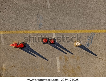View from above of the several traffic cones on a road Royalty-Free Stock Photo #2259171025