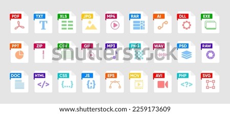 File Type icon set. Popular files format and document. Format and extension of documents. Set of graphic templates audio, video, image, system, archive, code and document file. Vector illustration. Royalty-Free Stock Photo #2259173609