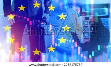 Calculator with money near flag Europe. Business investment in European Union. Businessman with briefcase doing business with European countries. Investment in EU. Eurozone financial market Royalty-Free Stock Photo #2259175787