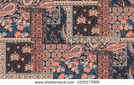 patchwork floral pattern with paisley and indian flower motifs. damask style pattern for textil and decoration Royalty-Free Stock Photo #2259177009