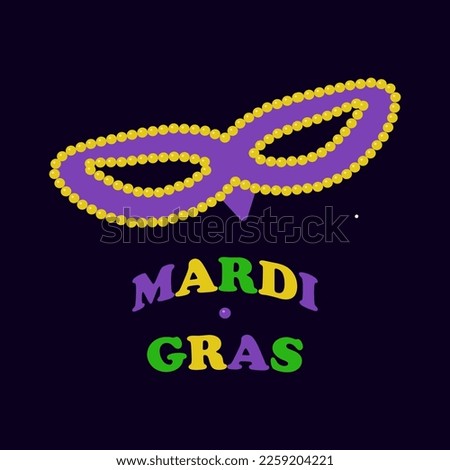 Mardi Gras colored lettering mask with yellow beads on dark. Vector isolated illustration. Flat style.