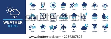 Weather icon set. Containing temperature, sun, rain, snow, cloud, humidity, summer, winter, spring, cloudy and rainy season. Climate symbol. Solid icon collection. Royalty-Free Stock Photo #2259207823