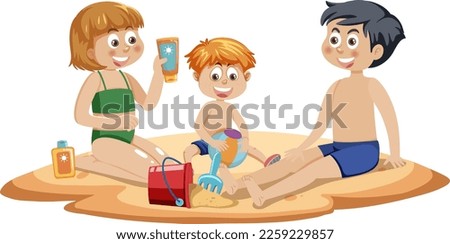 Three kids sitting on beach sand illustration