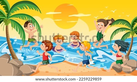 Kids on summer beach vacation illustration