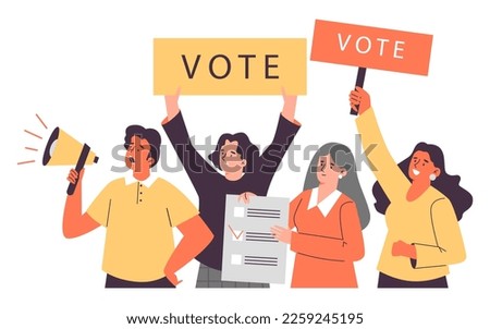 People voting holding ballot box and calling for vote. Group of people for election campaign topic, flat cartoon vector illustration isolated on white background. Royalty-Free Stock Photo #2259245195