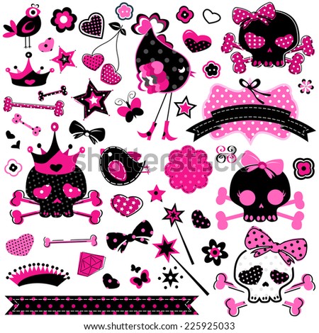 large set of wild girlish cute skulls and other elements