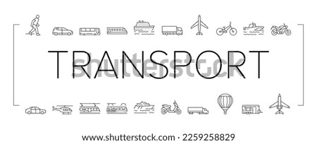 Transport For Riding And Flying Icons Set Vector. Train And Car, Bus And Motorcycle, Air Balloon And Aircraft Transport Line. Cargo Truck And Helicopter, Subway Metro Tram Black Contour Illustrations