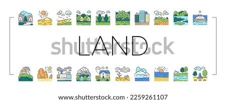 Land Scape Nature Collection Icons Set Vector. Desert And Forest, Meadow And Industrial Metropolis, Sea And Ocean, Tundra And Taiga Land Line Pictograms. Contour Color Illustrations Royalty-Free Stock Photo #2259261107