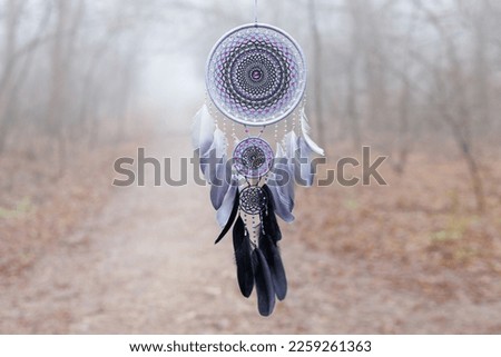 Dream catcher with feathers threads and beads rope hanging. Dreamcatcher handmade Royalty-Free Stock Photo #2259261363