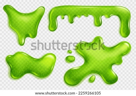 Green slime, jelly stain, liquid dripping snot or glue realistic vector isolated illustration on transparent background. Blot of toxic phlegm or slimy poison splash Royalty-Free Stock Photo #2259266105